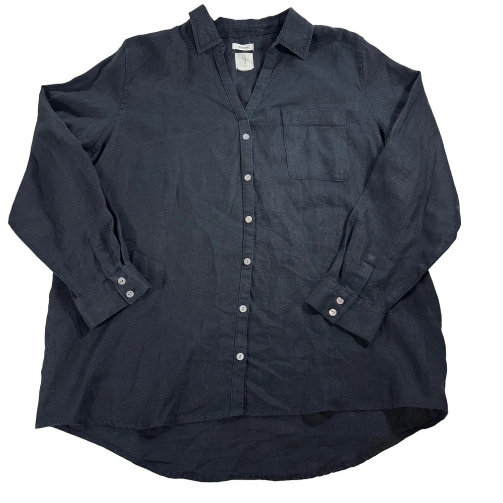 Black Button-Up Linen Shirt with front Pocket